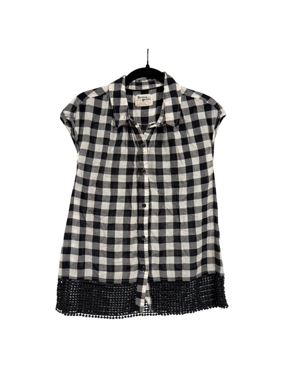 Anthropologie Holding Horses Black and White Gingham Lace Detail Blouse Size XS